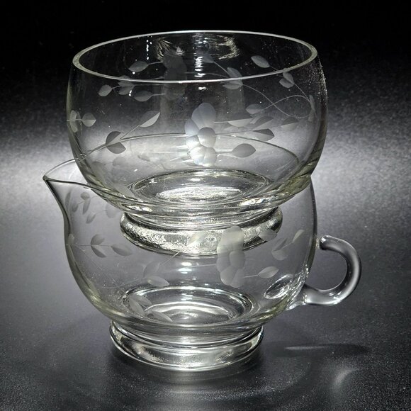 Princess House Heritage Stackable Creamer Sugar 8oz floral etched crystal 2pc - Picture 2 of 7